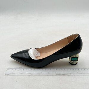 FSJ Black Bridal Pointed Toe Chunky Low Heel Crystal Pumps Slip on Wedding Shoes